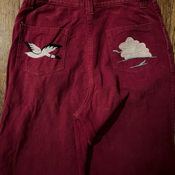 Vintage Pants - burgundy all cotton flare cropped  cola pants- birds-cloud pockets!